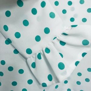 Vintage Retro 70s Polka Dot Blouse Green White Ruffled Neck Cuffs Medium